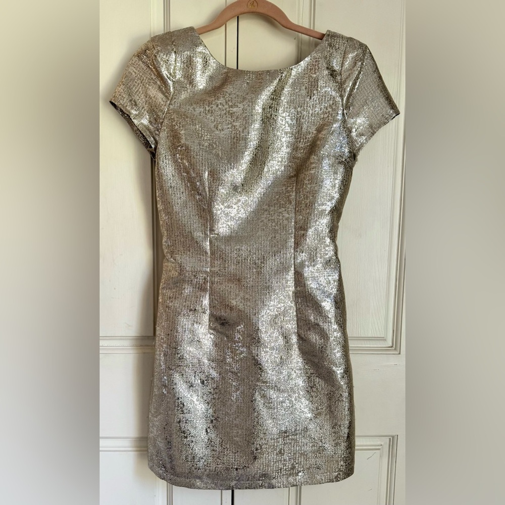 LADAKH Metallic Gold & Silver Short Sleeve, Plunging Back, Cocktail Dress